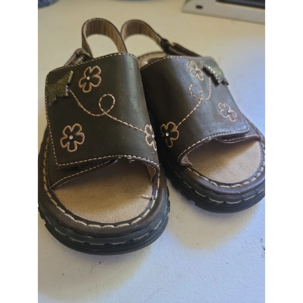 Toddler Vintage Hearts & Flowers Size 8 Chunky Sandals Leather Brown Y2K